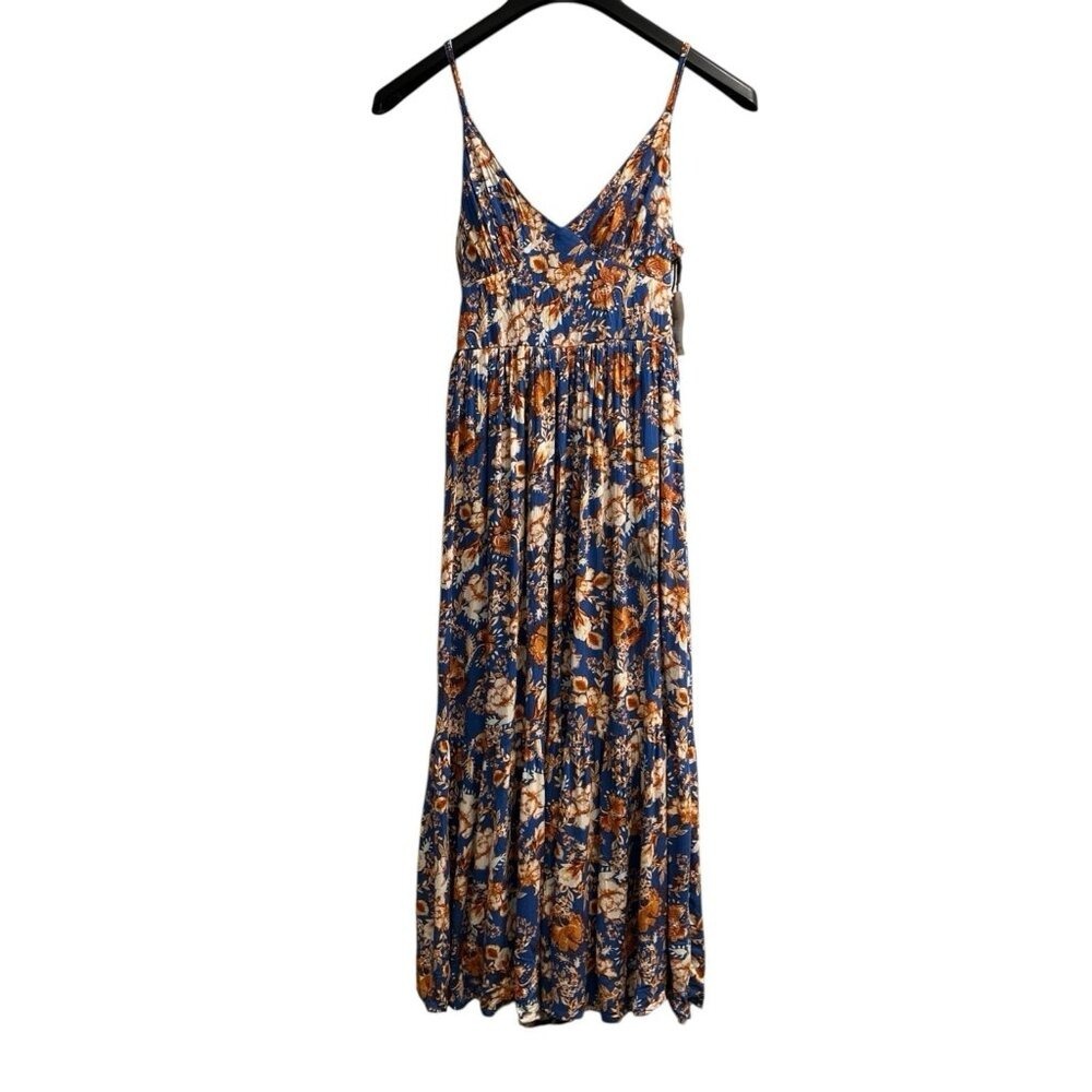 Japna Dress Blue Floral Maxi Babydoll Tiered Size XS Boho Beachy Coastal Resort